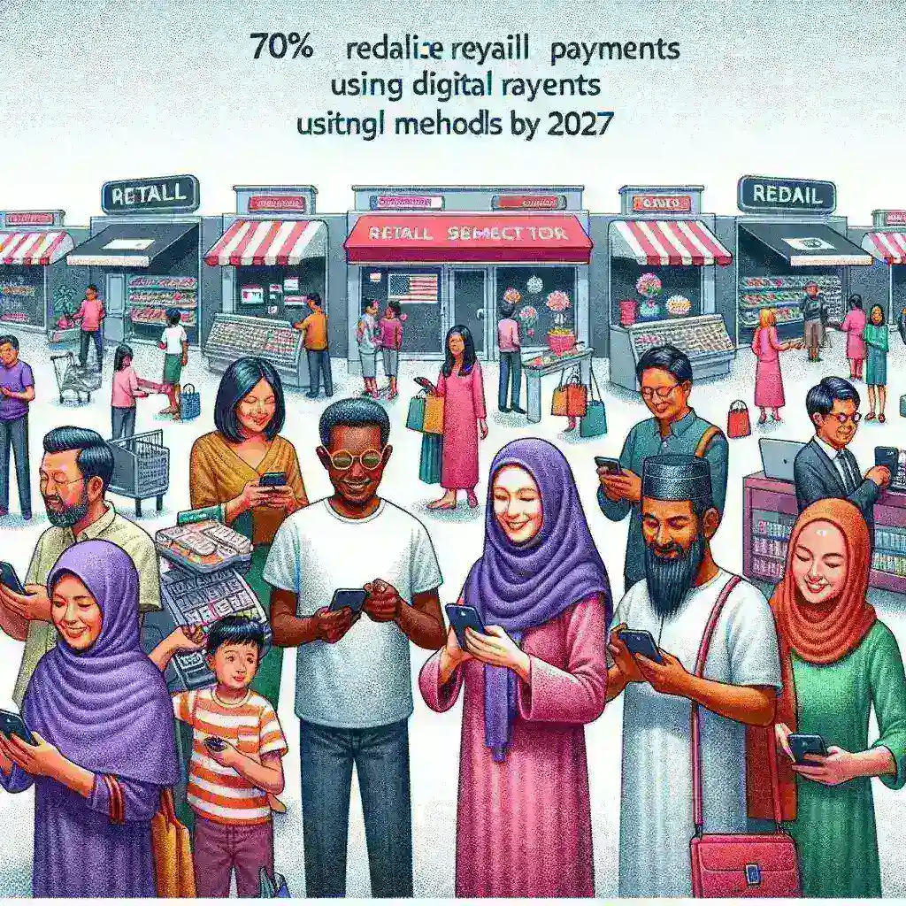 "Ilustrasi pembayaran digital ritel di Indonesia dengan berbagai metode, termasuk aplikasi mobile dan dompet elektronik, menggambarkan target pemerintah untuk mencapai 70% transaksi ritel secara digital pada tahun 2027."