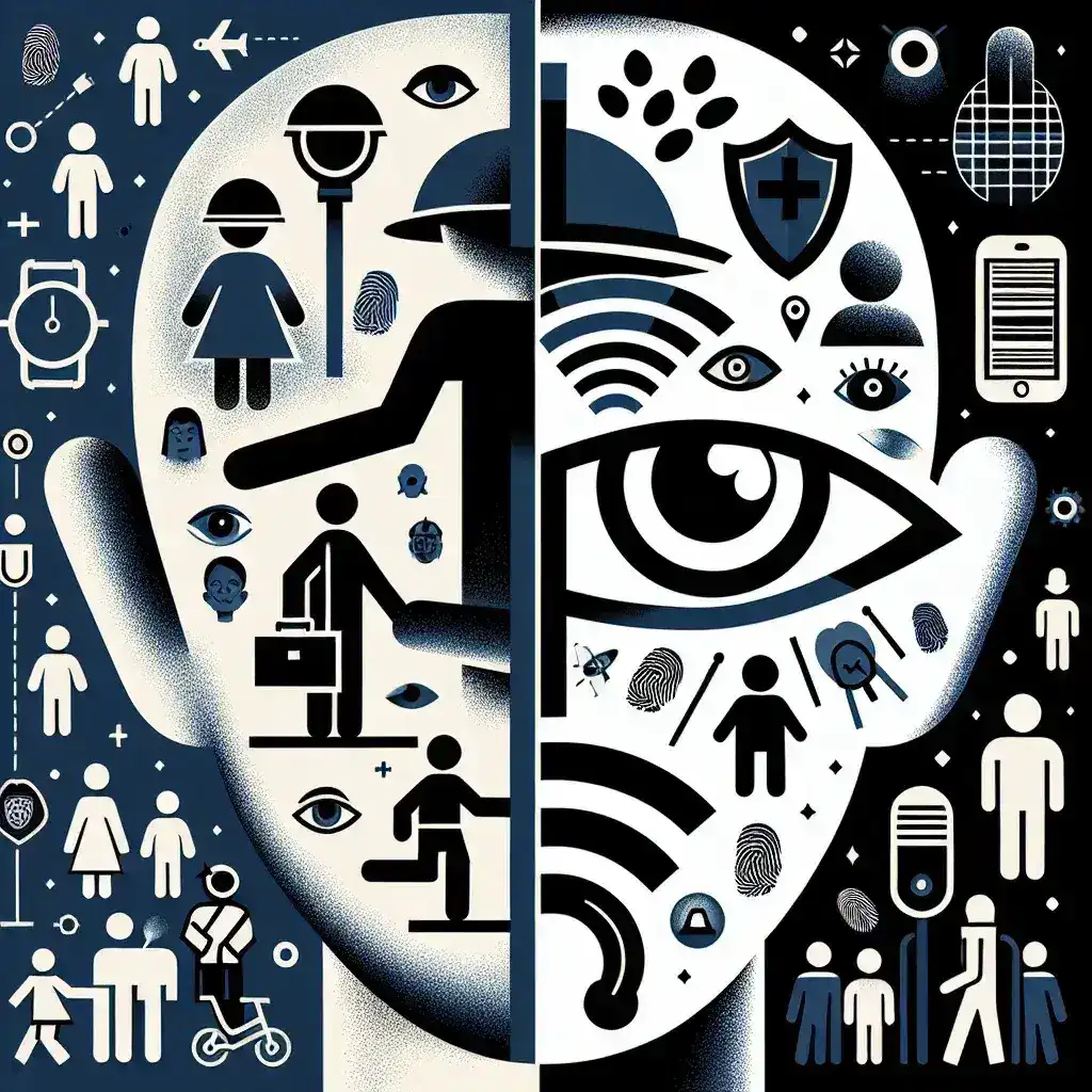 "Ilustrasi perubahan kebijakan dari fokus keselamatan anak ke pengawasan massal dalam konteks keamanan publik dan privasi data."