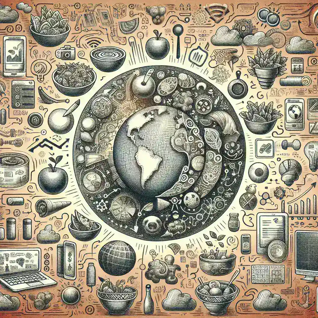 "Ilustrasi platform pemasaran digital yang menghubungkan pengusaha kuliner tradisional dengan pelanggan, meningkatkan visibilitas dan penjualan di industri kuliner."