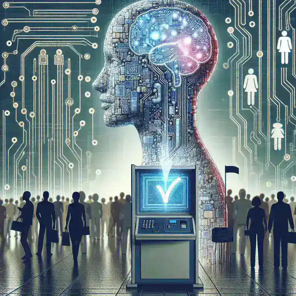 "Ilustrasi teknologi AI dalam sistem pemilu elektronik, menampilkan perangkat komputer dan grafik data, dalam konteks pengumuman pemerintah tentang uji coba inovasi teknologi pemilu."