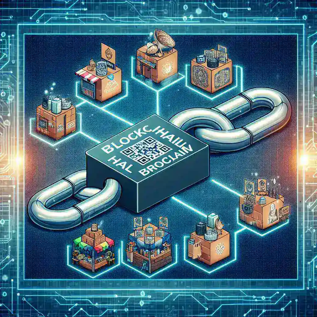 "Ilustrasi penerapan teknologi blockchain untuk sertifikasi produk halal UMKM, menampilkan diagram alur yang menunjukkan transparansi dan keamanan dalam proses sertifikasi"