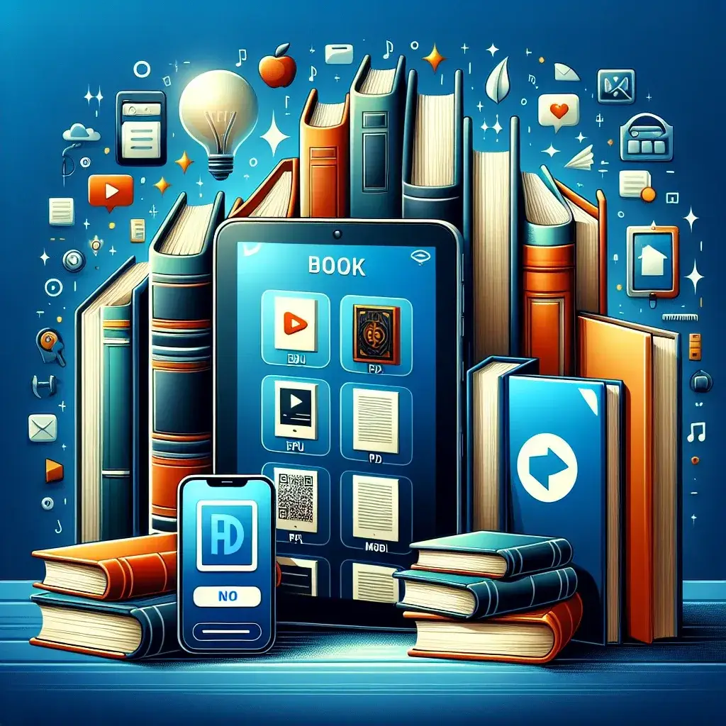 "Ilustrasi aplikasi terbaik untuk membaca e-book dalam format EPUB, PDF, dan MOBI di perangkat mobile, menampilkan antarmuka pengguna yang ramah dan fitur pencarian yang canggih."